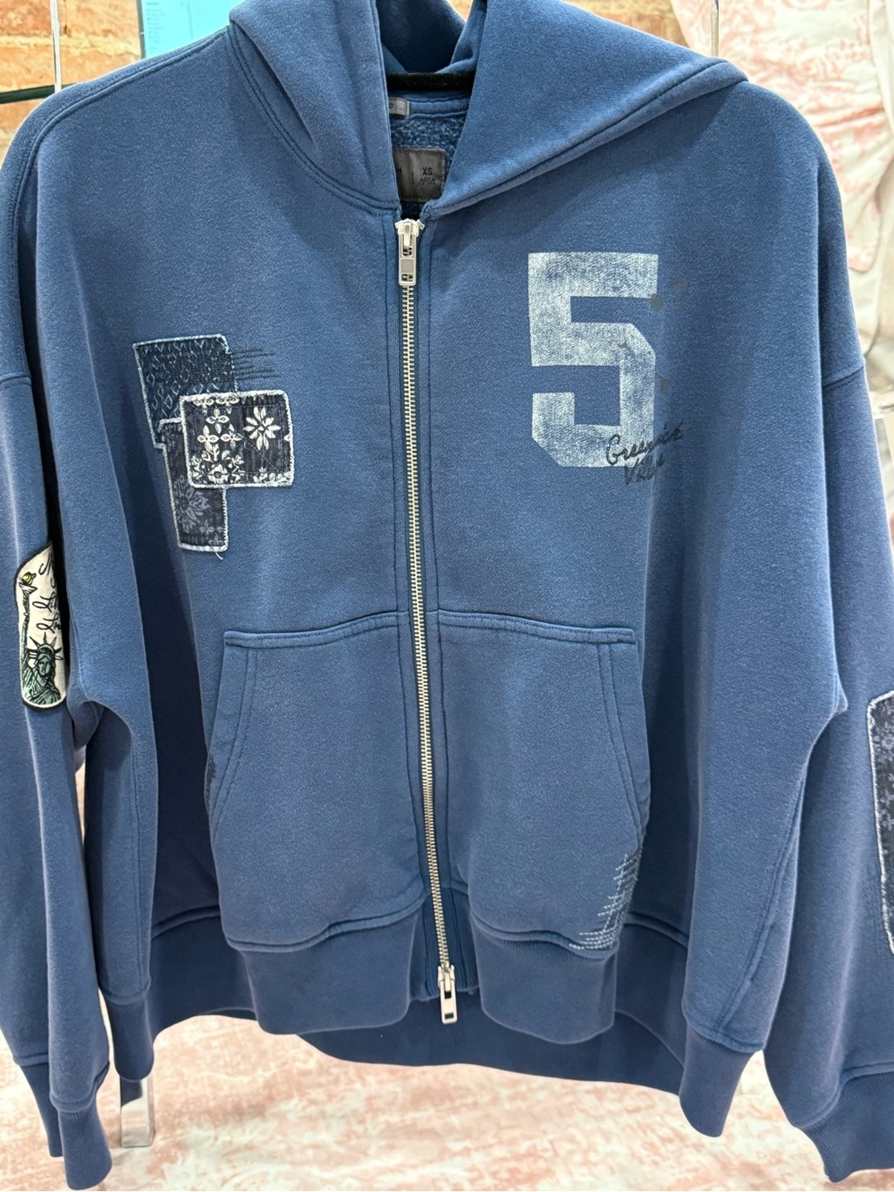 Abercrombie & Fitch Graphic Patchwork Zip-Up Hoodie | NWT | XS | Blue